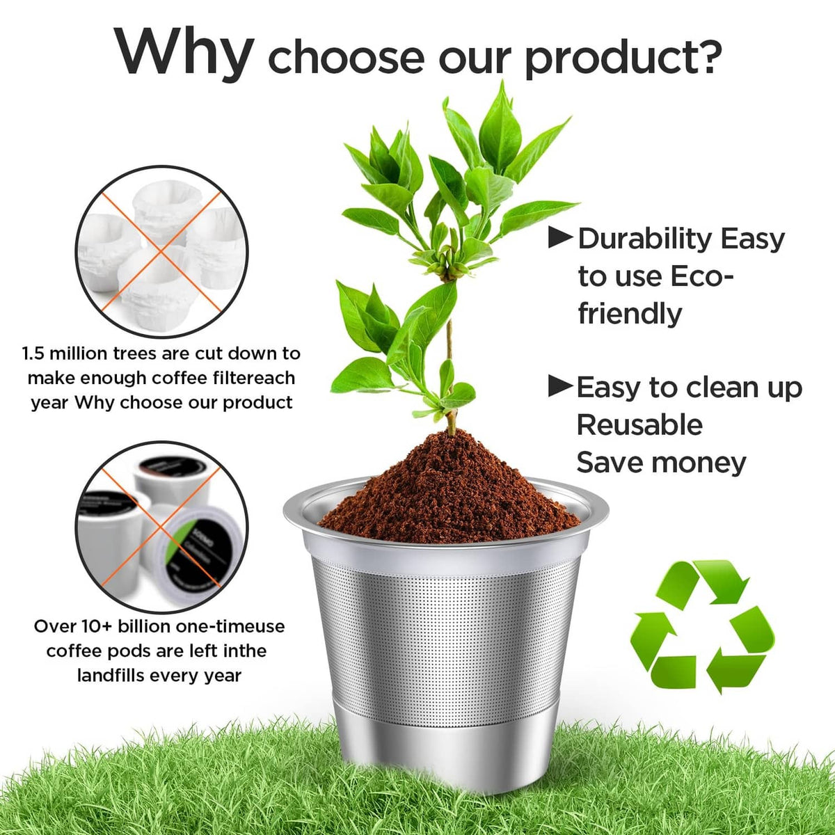 Stainless steel reusable K-cup filter cup filled with coffee grounds