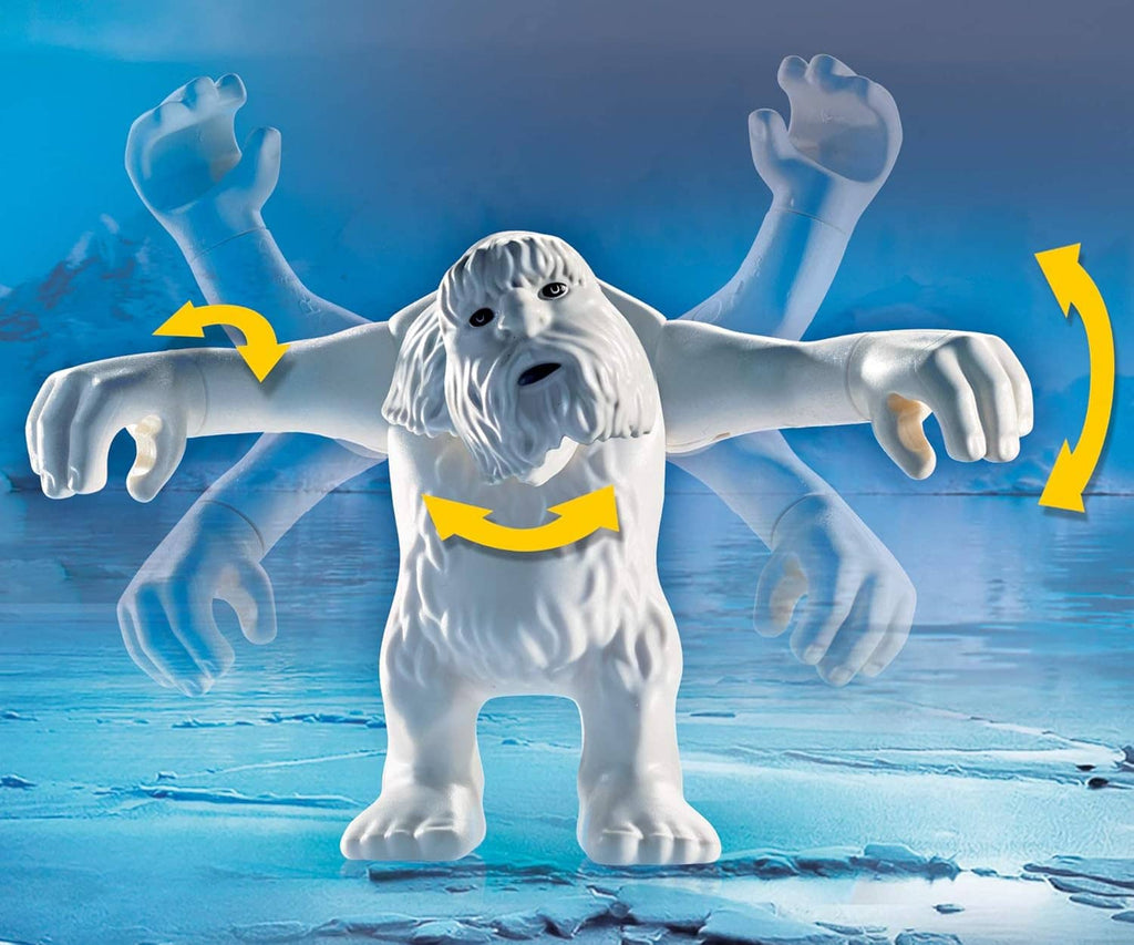 Playmobil white dog figure with raised arms on snowy ground