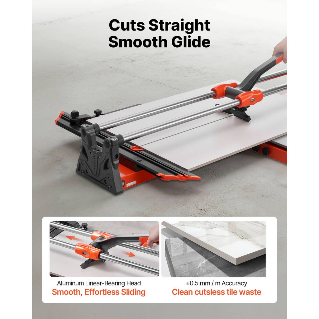 Manual tile cutter gliding along rails with orange head, labeled smooth straight cuts