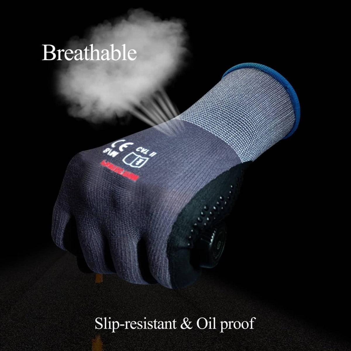 Breathable gray gloves with black dotted nitrile palm grip and yellow cuff band