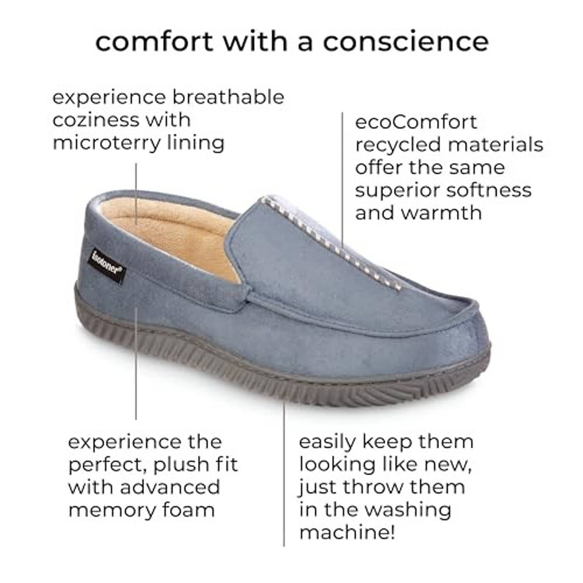 Blue comfort moccasin slipper with padded collar and contrast stitch trim