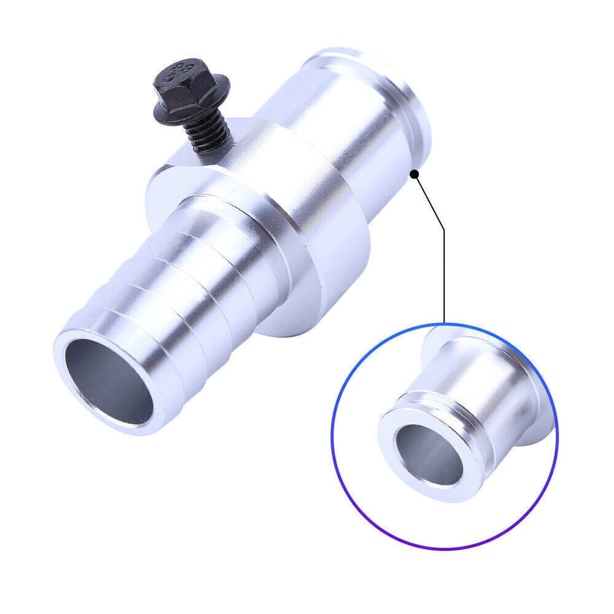 Silver hose barb adapter with black mounting screw and close-up inset