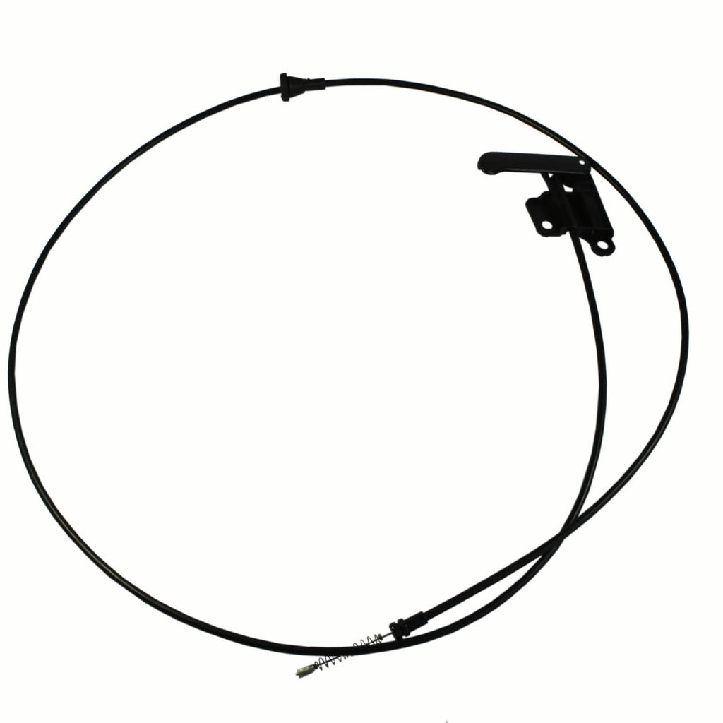 Black hood release cable assembly with latch handle and retaining clips