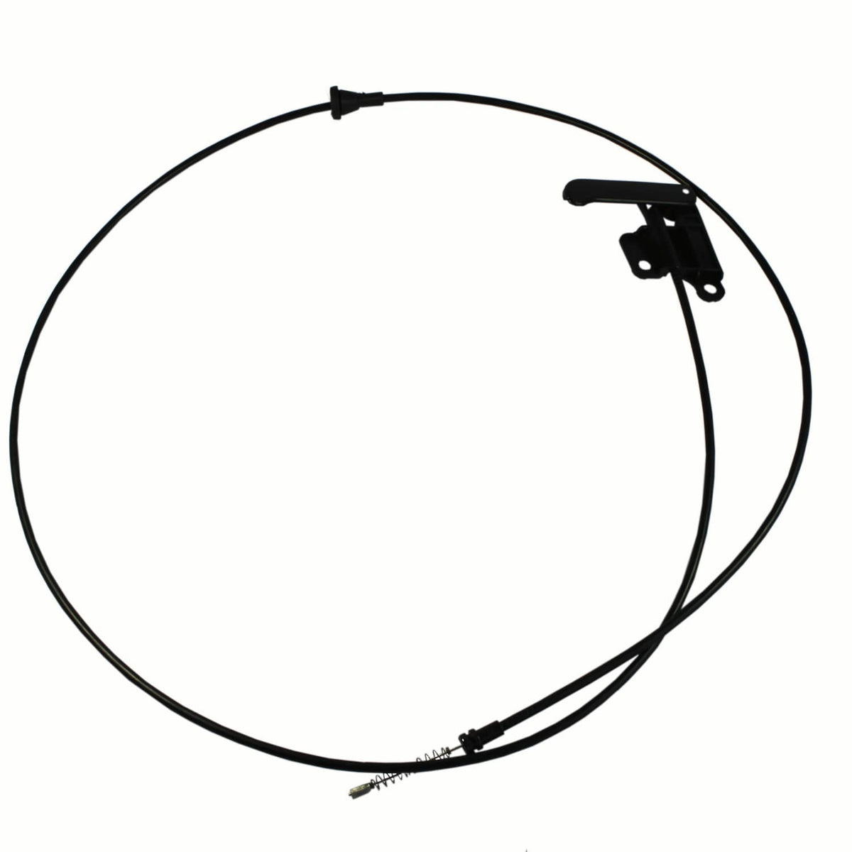 Black hood release cable assembly with latch handle and retaining clips
