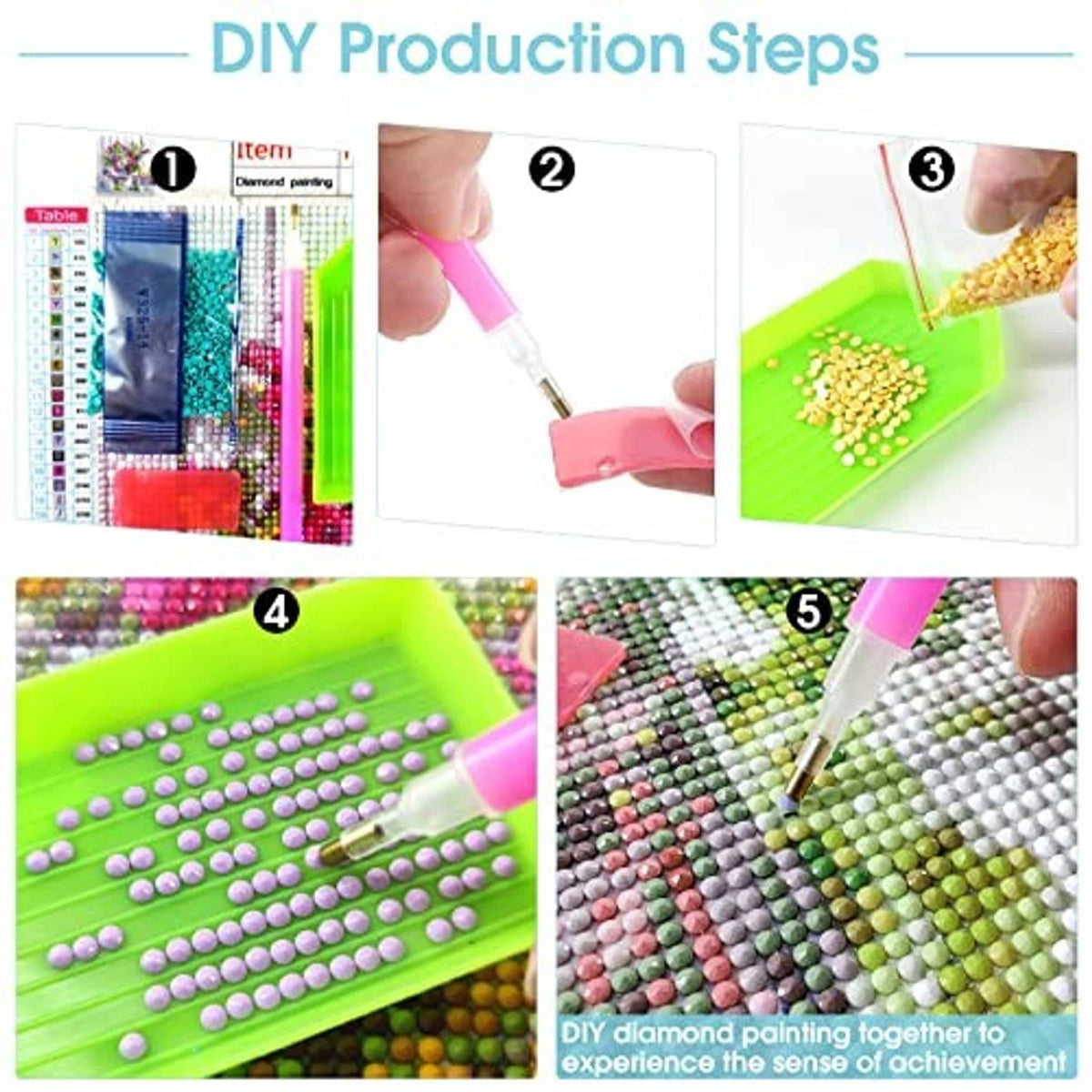 DIY diamond painting steps showing round gems being applied to the canvas