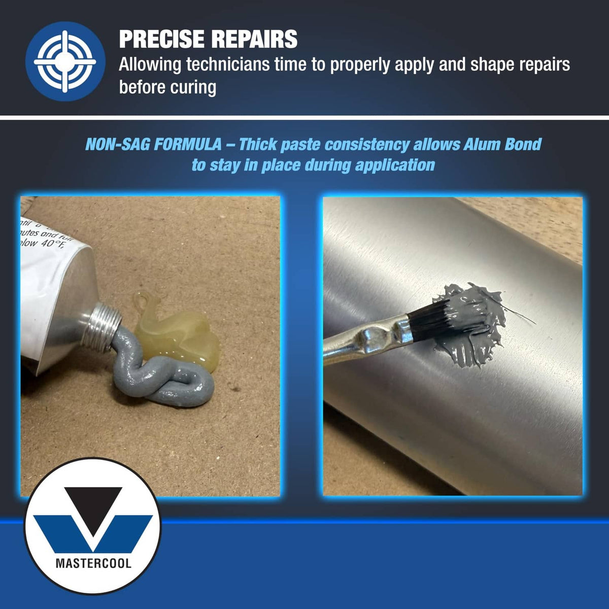 Mastercool ALUM-BOND aluminum repair compound infographic with paste application near the tubes