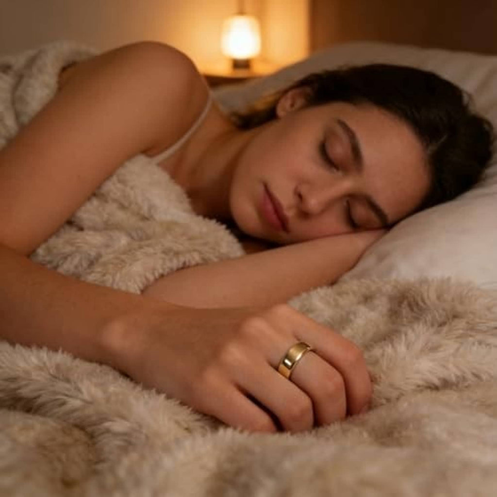 Ultra-thin transparent protector film for Oura Ring on person’s finger while sleeping