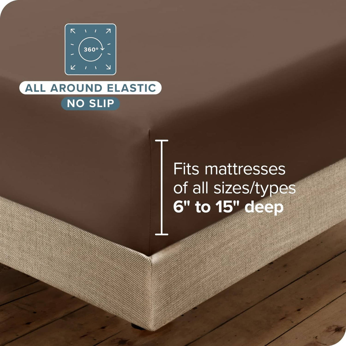 Cocoa brown fitted sheet corner with tailored elastic-fit bed skirt