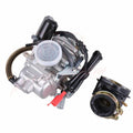 Carburetor assembly with silver body, black hoses, and red choke lever