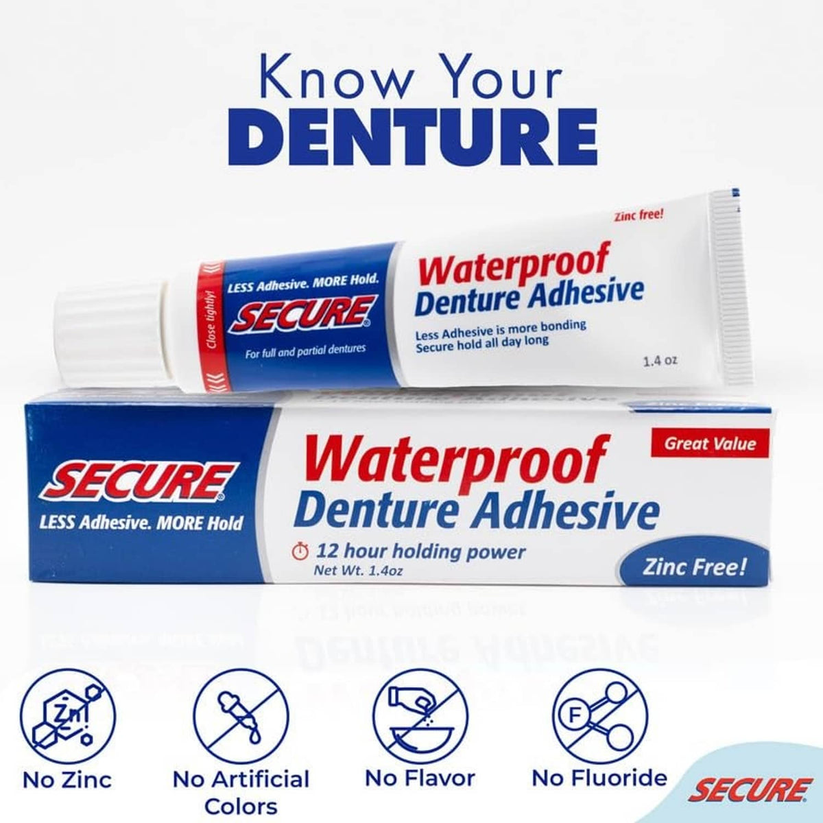 Waterproof denture adhesive tube and box, zinc-free, no artificial or fluoride