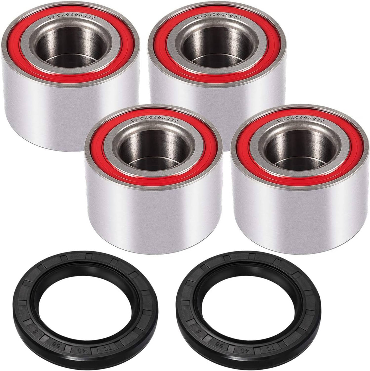 Wheel bearing and seal set with silver housing and red inner seal, plus black ring seals