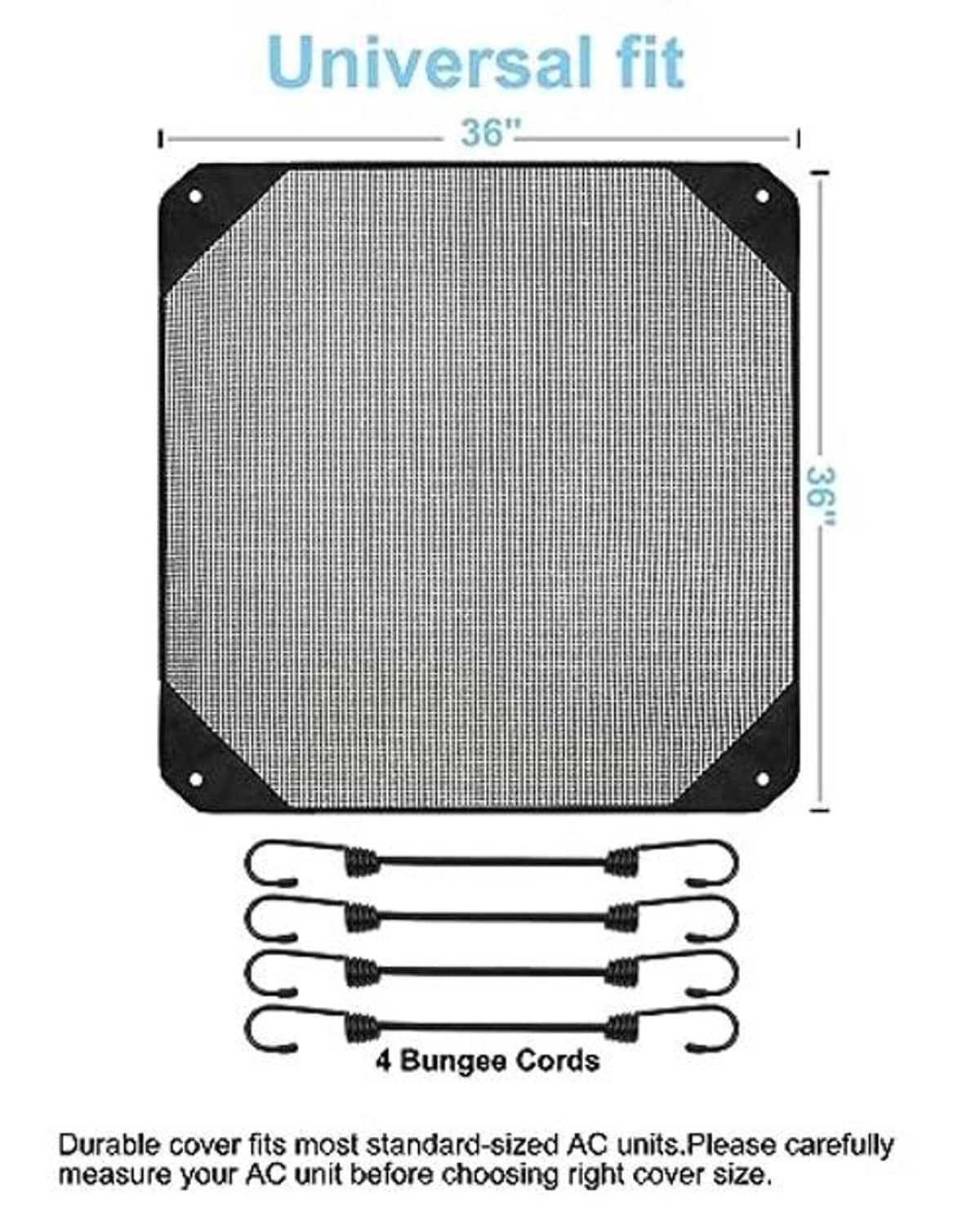 Square outdoor AC cover, 36 in size, with corner grommets and bungee cords