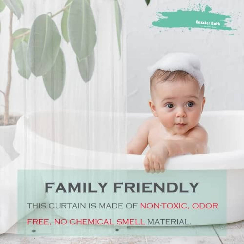 Clear shower curtain liner, family-friendly non-toxic odor-free material