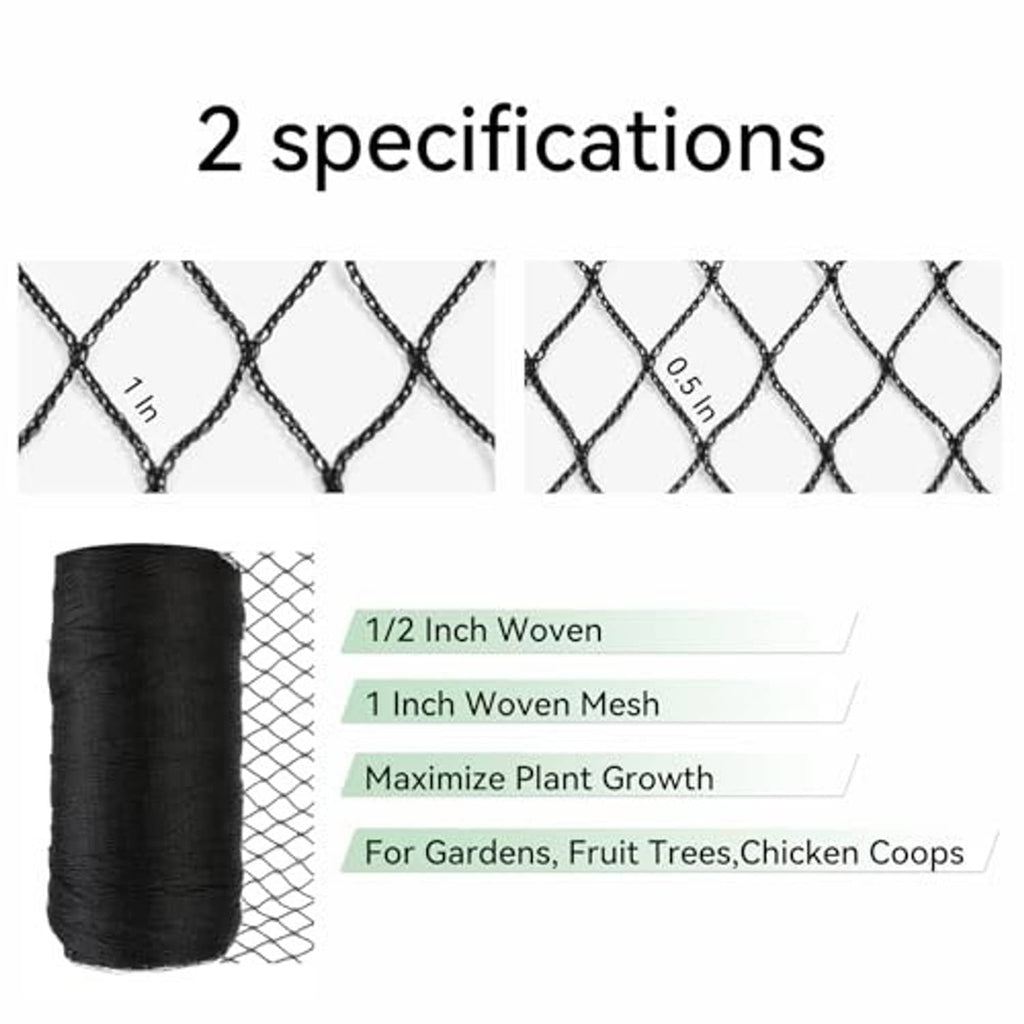 Bird netting roll beside 1/2-inch woven mesh diagram and square grid
