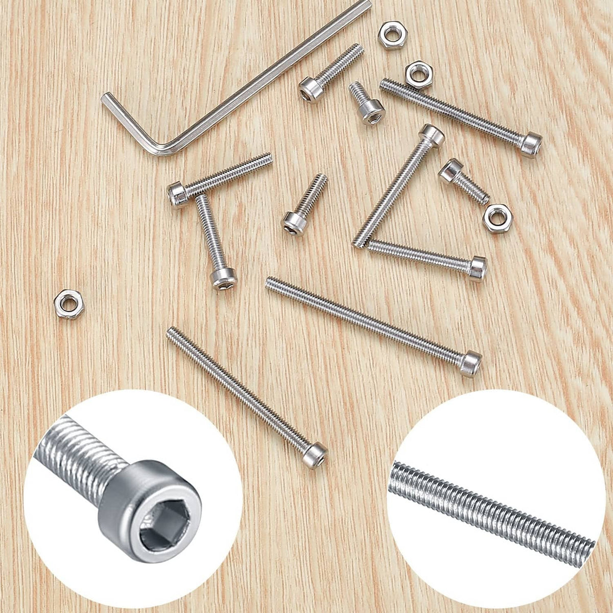 Silver M3 hex socket head screws with washers and hex nuts, loose