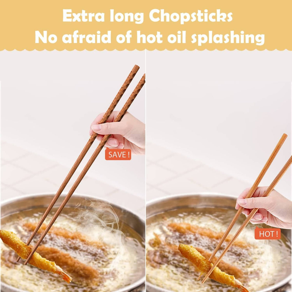 Beech wood chopsticks over a hot pot, held above frying food in a pan