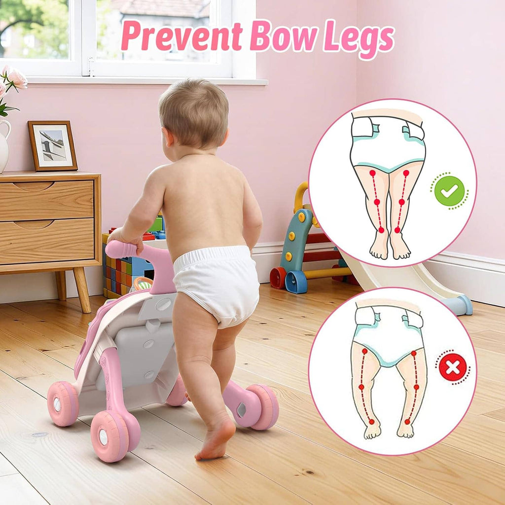 Pink baby walker with activity center, shown from behind as a toddler pushes it