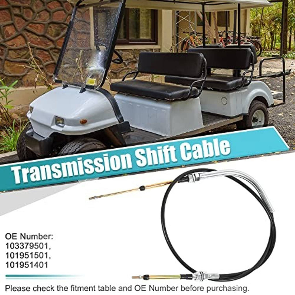 Transmission shift cable shown installed on a light gray gas golf cart seat.