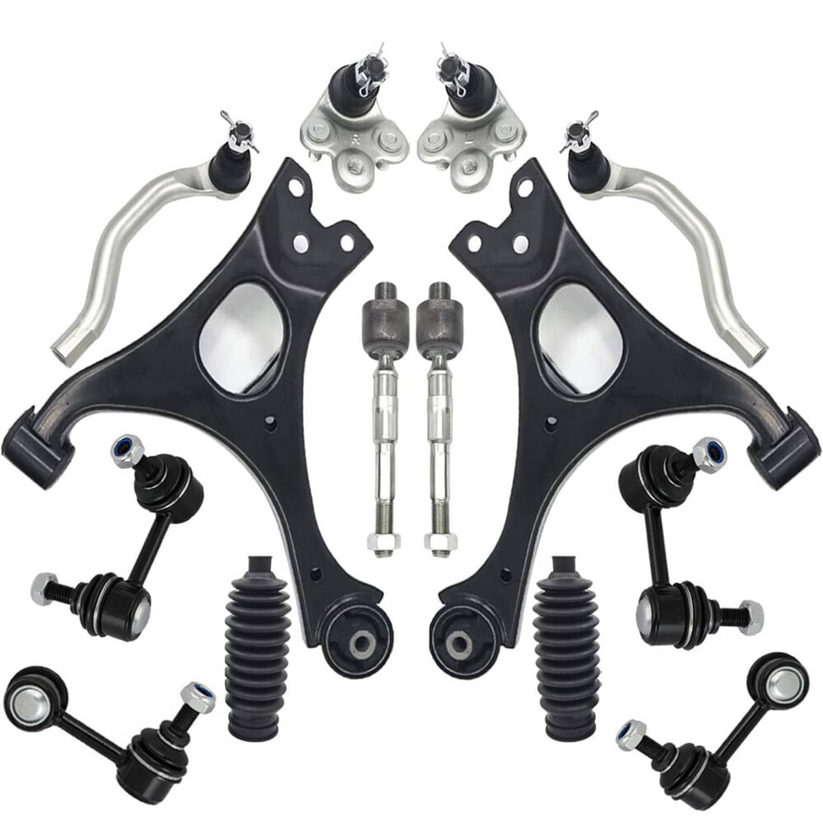 Front suspension control arm kit with link rods, ball joints, and bushings, black parts