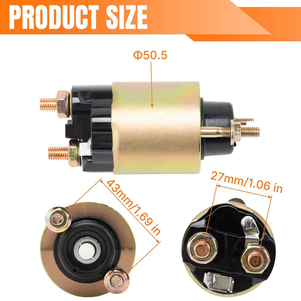 Starter solenoid relay switch with dimensions view: black base, gold cylinder, copper screws