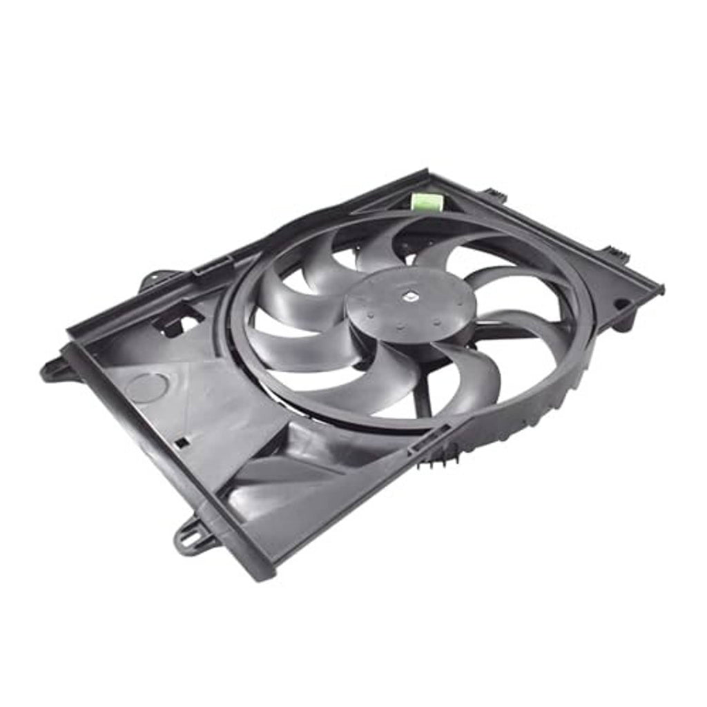 Radiator cooling fan and motor assembly angled in black housing with central motor mount