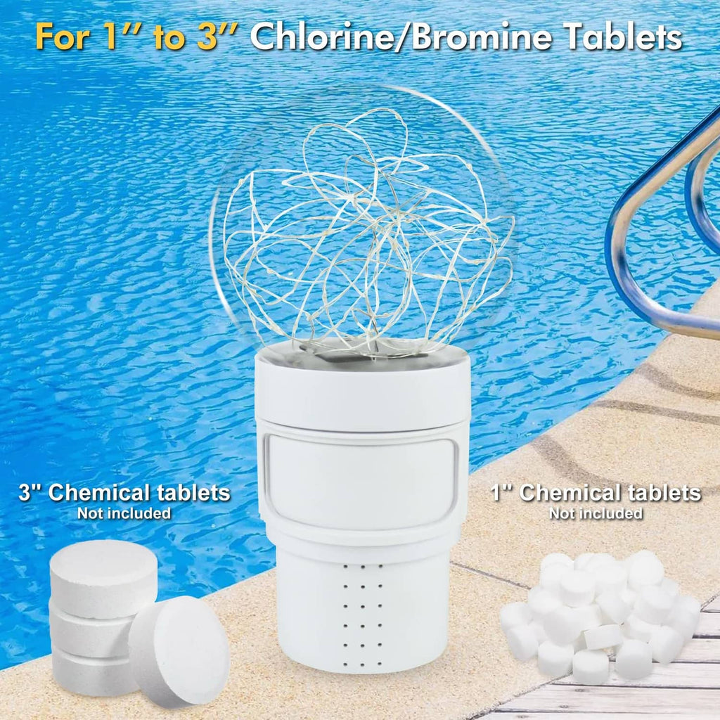 Pool chlorine floater dispenser with solar ball light beside chlorine tablets on deck
