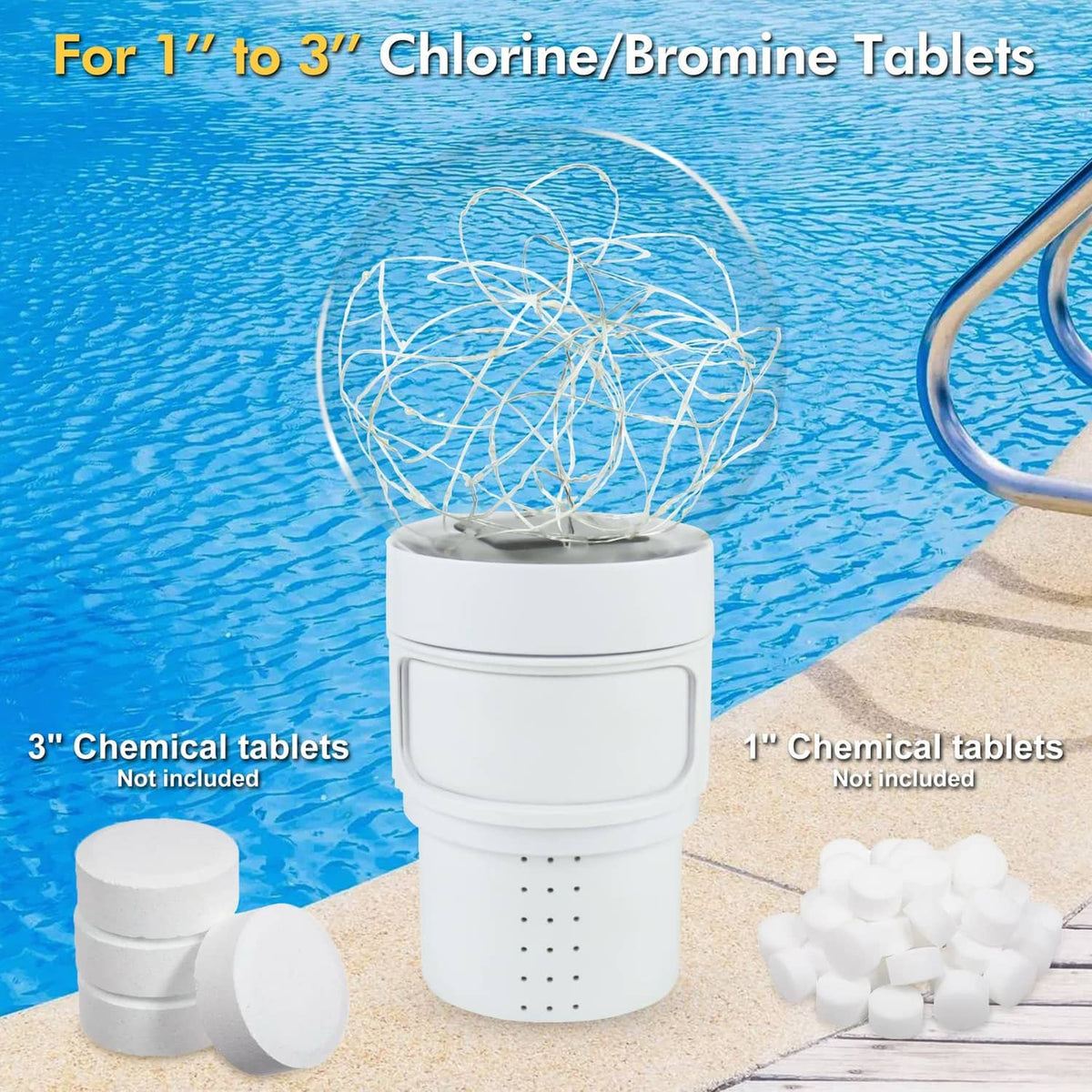 Pool chlorine floater dispenser with solar ball light beside chlorine tablets on deck