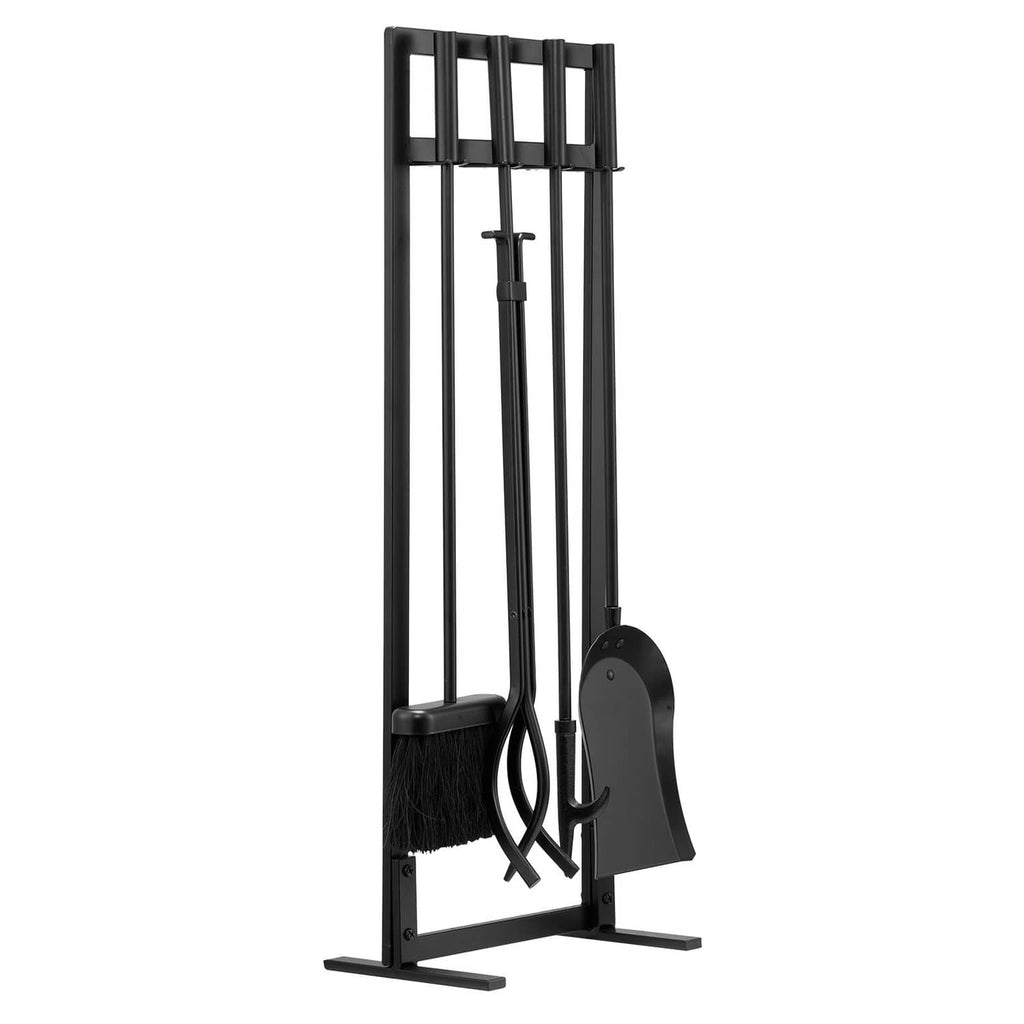 Black fireplace tool set with square stand, tongs, shovel, brush, and poker