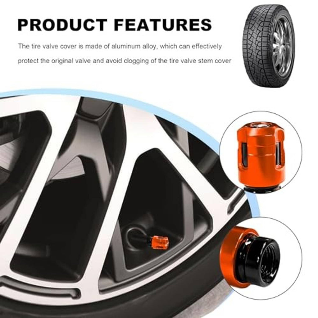 Orange tire valve stem cap on a car wheel rim, with black threaded base