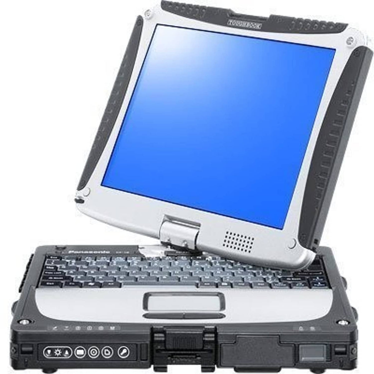 Car charger for Panasonic Toughbook rugged laptop, open with blue screen and keyboard
