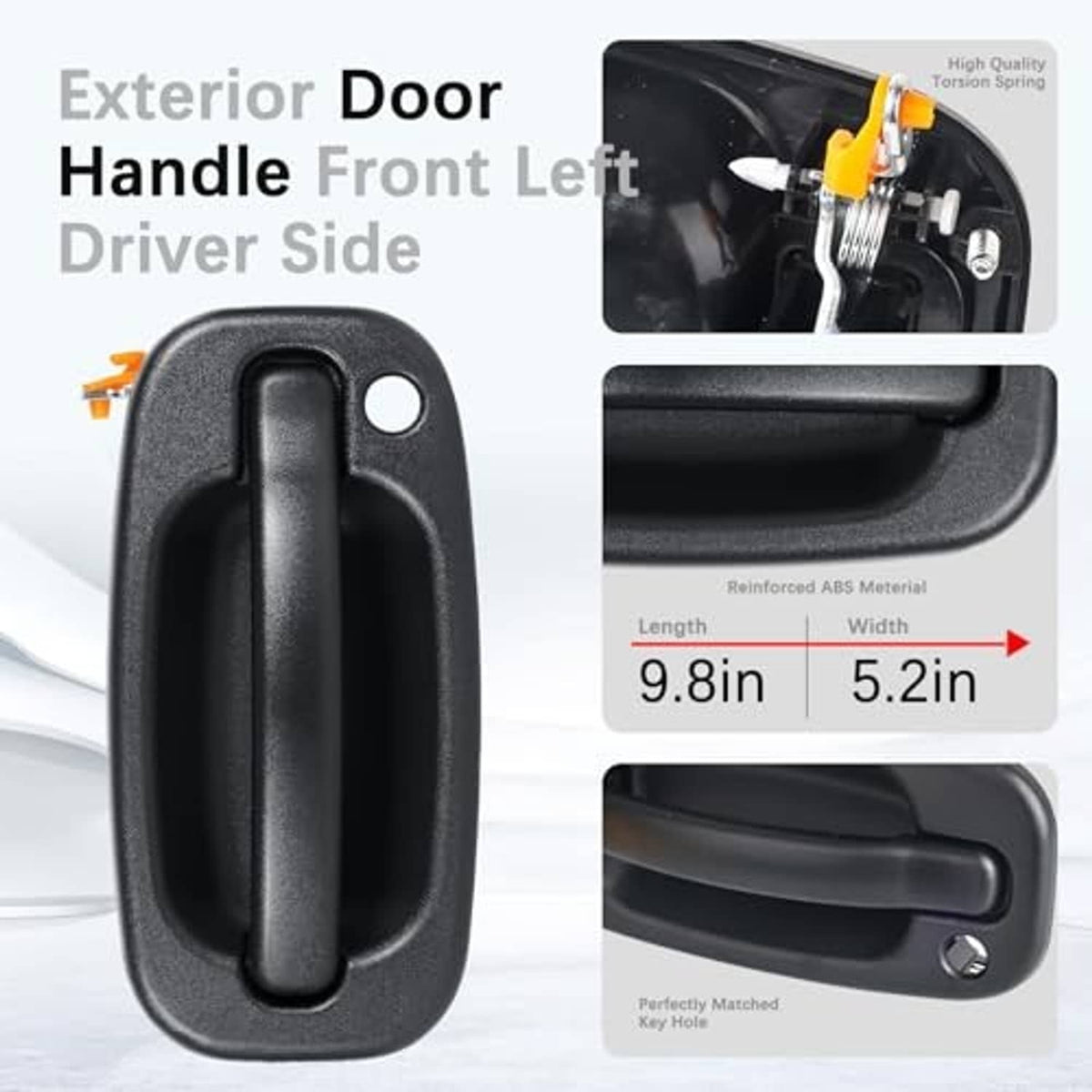 Front left driver-side exterior door handle, textured black with round key hole