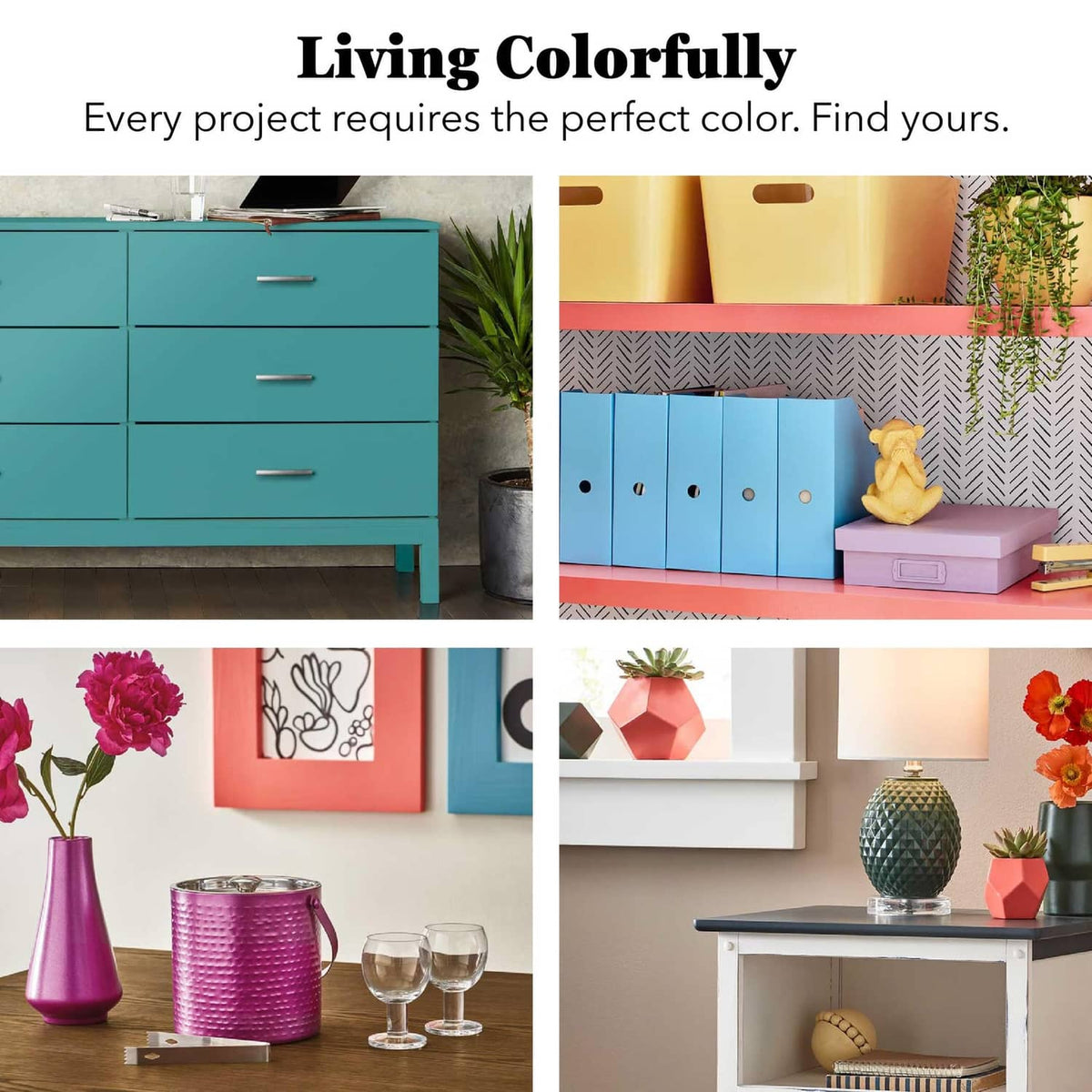 Stained glass aerosol paint DIY collage with colorful painted furniture and decor
