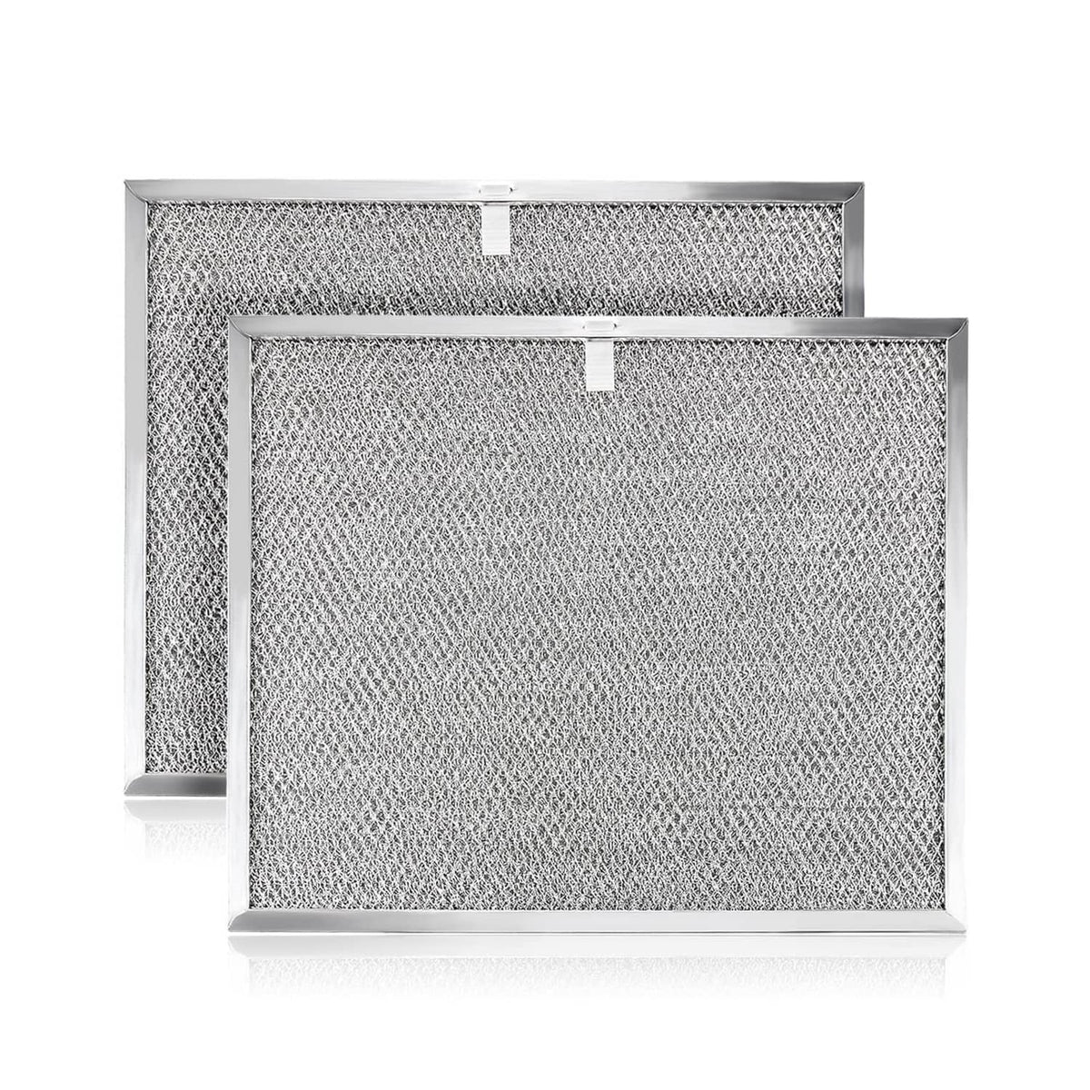 Pair of rectangular range hood grease filters with silver mesh and metal frame