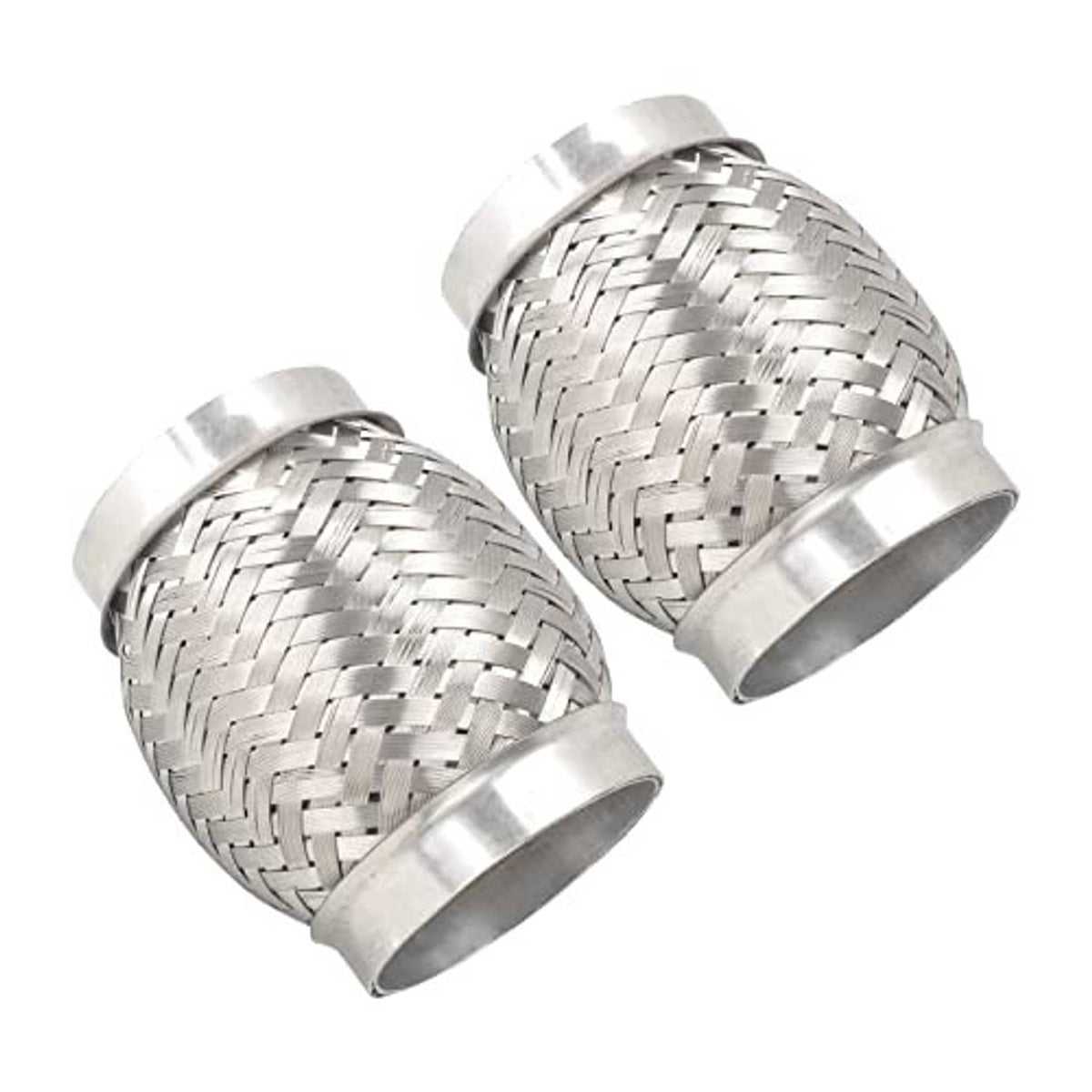 Pair of stainless steel exhaust flex pipes with braided mesh and flared clamp ends