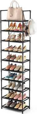 Black 10-tier tall shoe rack with open shelves and side hooks for boots and shoes