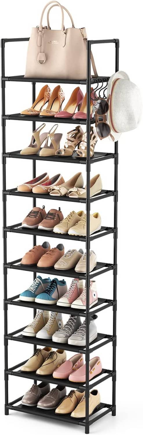 Black 10-tier tall shoe rack with open shelves and side hooks for boots and shoes