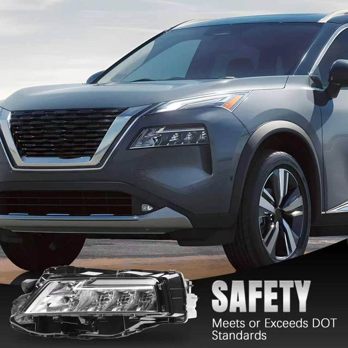 LED headlight installed on dark gray SUV with clear projector lens and black trim