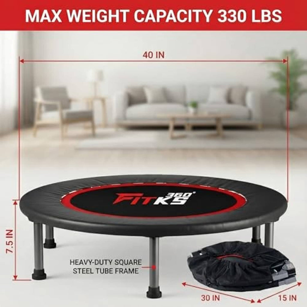Black foldable trampoline with red rim and FITKS logo, steel tube frame