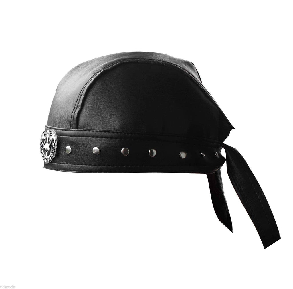 Black cycling skull cap with stud stripe, front emblem, and long dangling ribbon ties