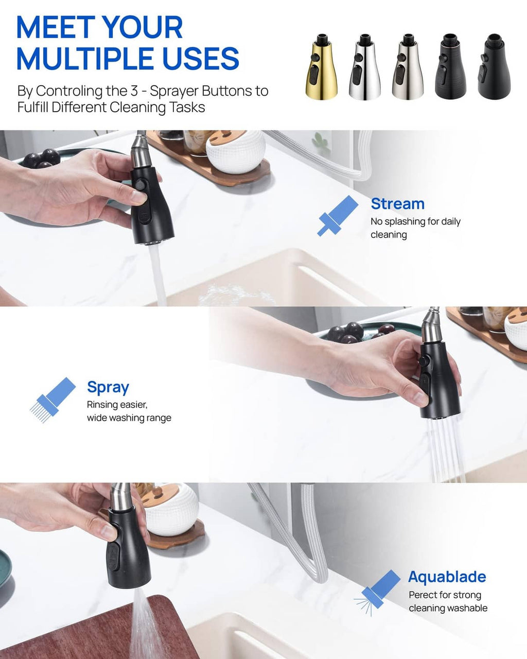 Oil-rubbed bronze sprayer head replacement shown with stream and spray modes