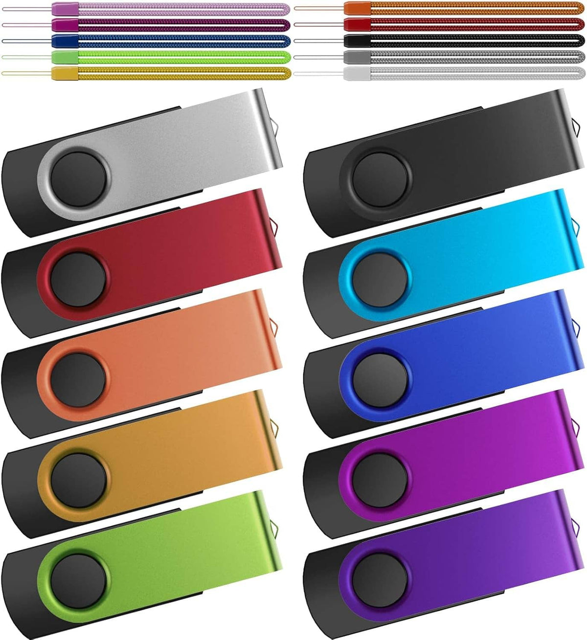 Metal USB flash drives pack with multiple colors and black lanyard loop, front view.