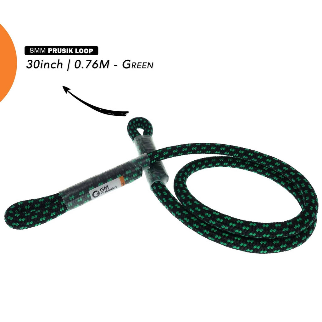 Green prusik loop, 30-inch double braid with sewn eye loop