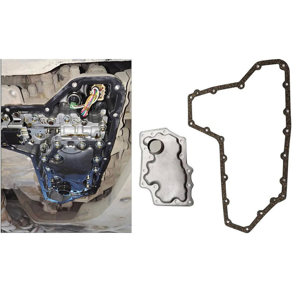 Transmission oil filter pan plate and gasket set for vehicle transmission housing