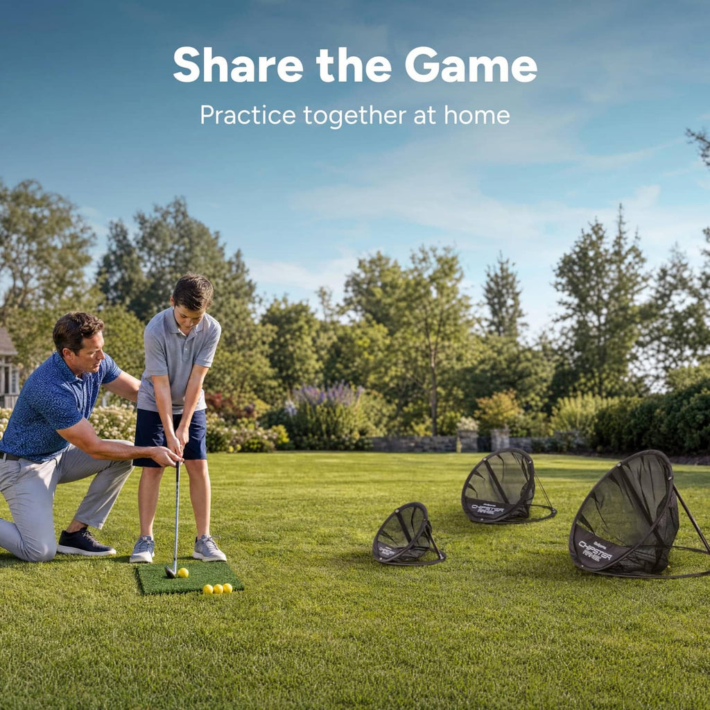 Outdoor golf chipping practice set with green hitting mat and black mesh net targets