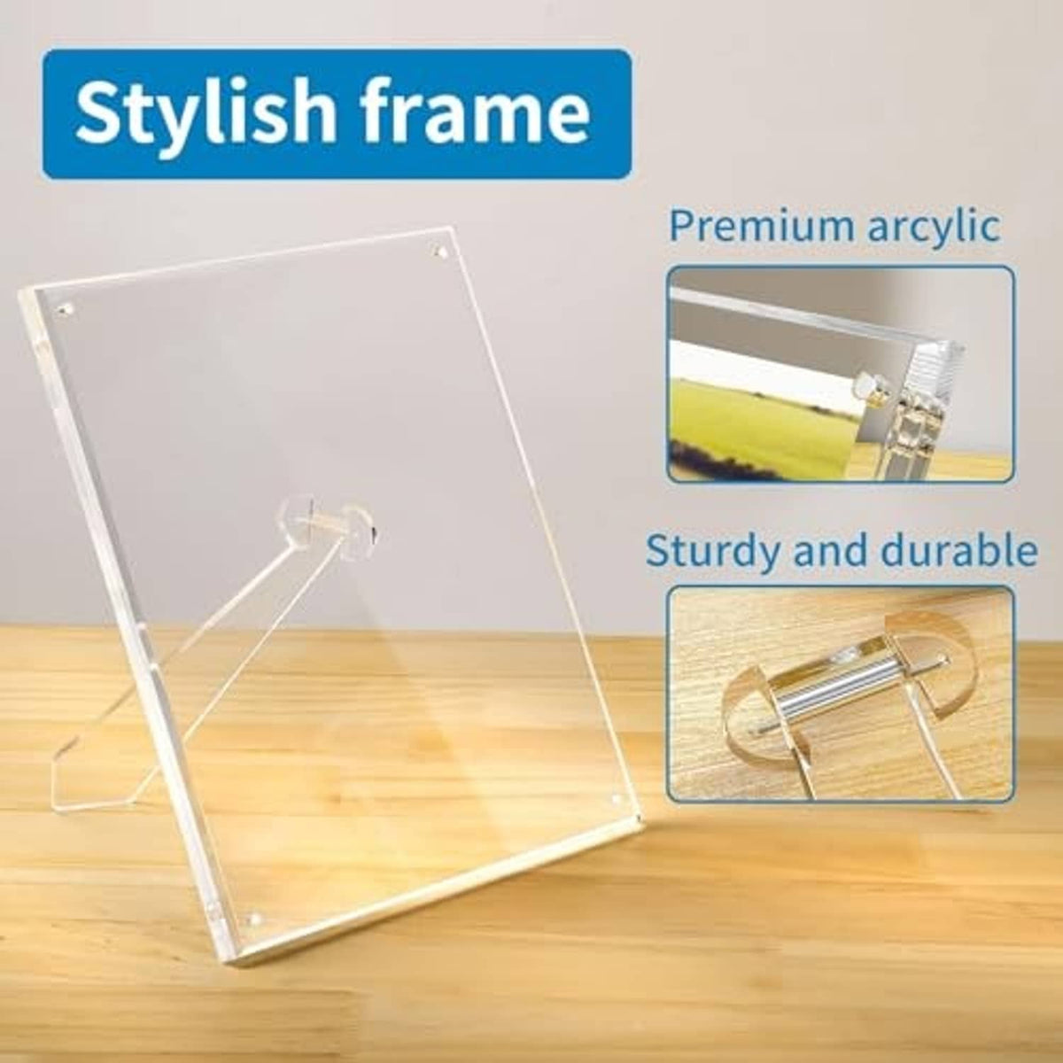 Clear 5x7 acrylic picture frame with easel stand, front panel