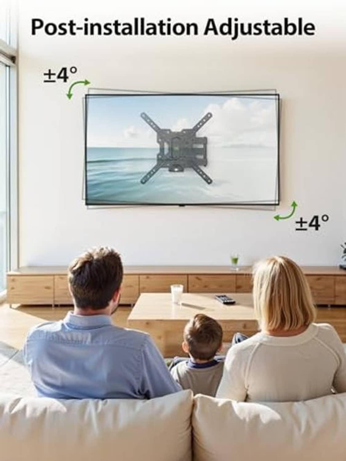 Black full-motion TV wall mount with post-install angle adjustment