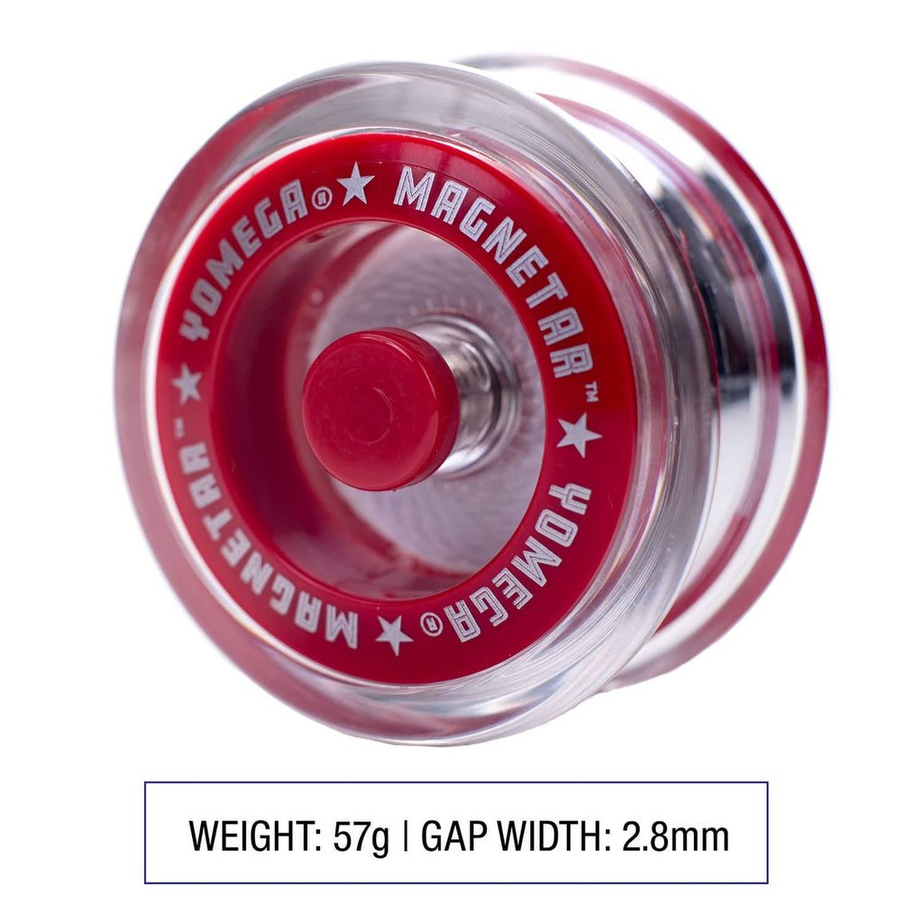 Clear responsive yo-yo with red center and silver outer rings, star logo