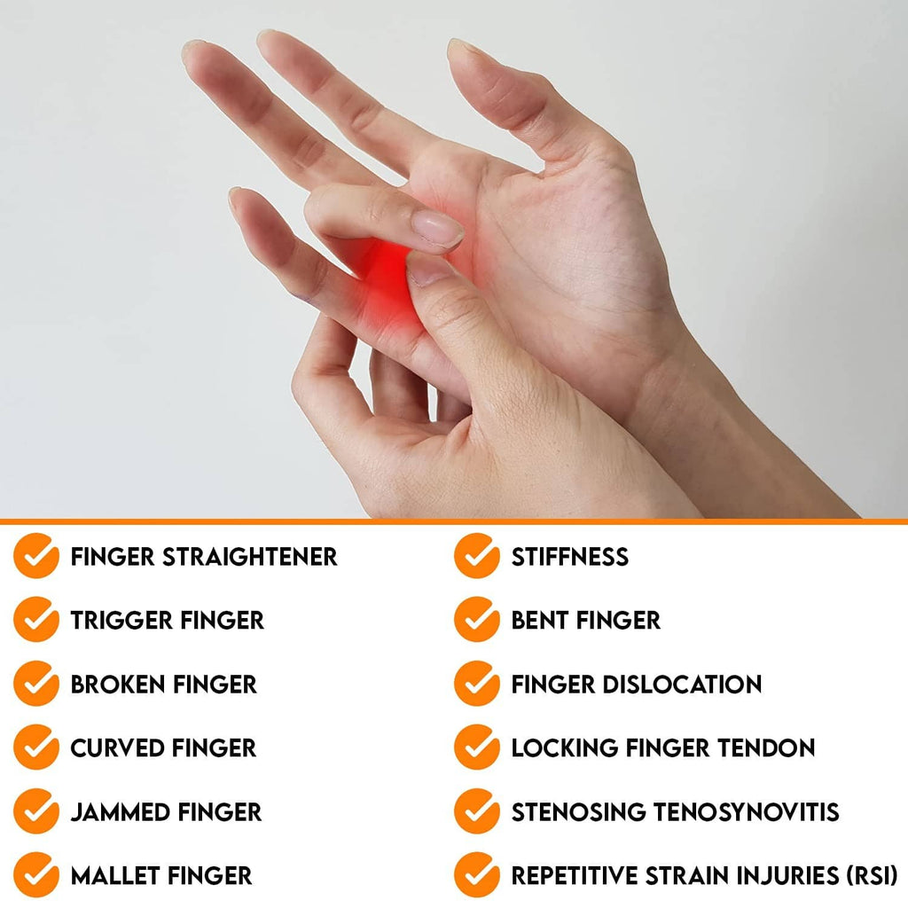 Hand wearing a black finger splint brace on a finger.