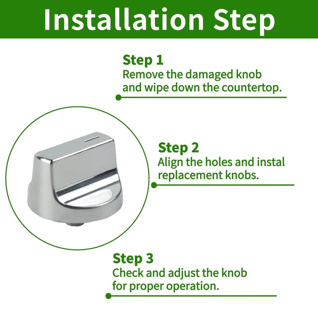 Silver stove control knob displayed with installation step diagram