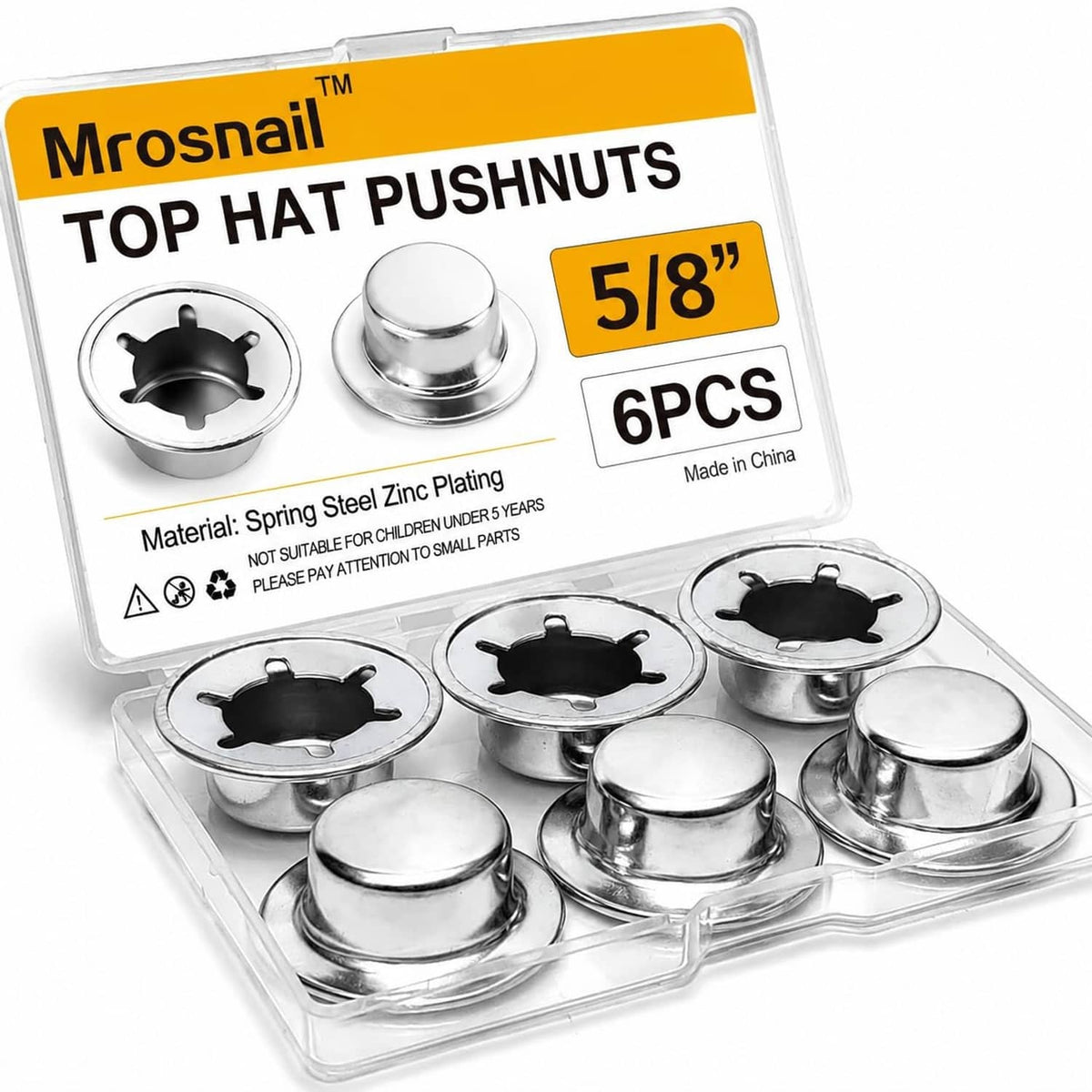 Set of 6 silver 5/8 in push nut axle caps, spring steel top-hat style
